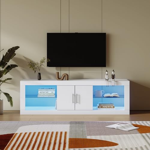 Aunvla Moderner weißer TV-Ständer für 60"-Fernseher; 16 Farb-LED, Bluetooth-Steuerung; Hochglanz-Schranktüren, verstellbare Einlegeböden, geräuschlose Scharniere, stilvoller Aufbewahrungsschrank von Aunvla