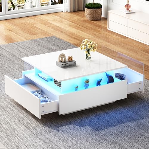 Aunvla Modernes Hochglanz-LED-Couchtisch Kaffeetisch 70 * 70 * 41cm mit 2 Schubladen und transparentem Präsentationsbereich – Belastbar bis 30 kg, ideal für stilvolle Wohnzimmer Aunvla Modernes Hochglanz-LED-Couchtisch Kaffeetisch 70 * 70 * 41cm mit 2 Schubladen und transparentem Präsentationsbereich – Belastbar bis 30 kg, ideal für stilvolle Wohnzimmer von Aunvla