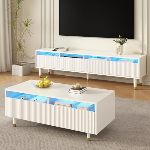 Aunvla Modernes LED-Möbelset: Viertüriger TV-Ständer und Couchtisch mit Zwei Schubladen – Weiß mit Gold-Design, LED-Beleuchtung, Wellenstruktur und Acrylfronten für einen stilvollen Wohnstil von Aunvla