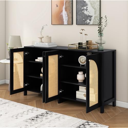 Aunvla Modernes Sideboard im minimalistischen Stil 4-Rattantür, Metallgriff einfaches Buffetschrank für Esszimmer, Wohnzimmer, Küche (Schwarz) von Aunvla