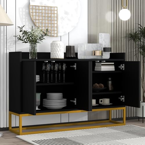Aunvla Modernes Sideboard im minimalistischen Stil 4-türiger griffloser Buffetschrank für Esszimmer, Wohnzimmer, Küche (Schwarz) von Aunvla