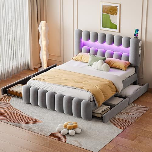 Aunvla Polsterbett, 160 x 200cm, Ohne Matratze, Polsterbett mit 4 Schubladen, Polsterbet Bett mit LED-Lichtleiste mit USB und Stereoanlage, Samt, Grau von Aunvla