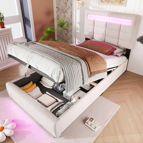 Aunvla Polsterbett, 90 * 200cm, APP-Fernbedienung, Mit LED-Leuchten, hydraulische Lagerung, ohne Matratze, Mit USB-Buchse, Leinen, Beige Aunvla Polsterbett, 90 * 200cm, APP-Fernbedienung, Mit LED-Leuchten, hydraulische Lagerung, ohne Matratze, Mit USB-Buchse, Leinen, Beige von Aunvla