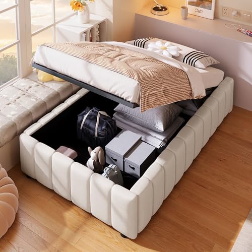 Aunvla Polsterbett, 90 * 200cm, hydraulische Lagerung, ohne Kopfteil, ohne Matratze, Beige von Aunvla