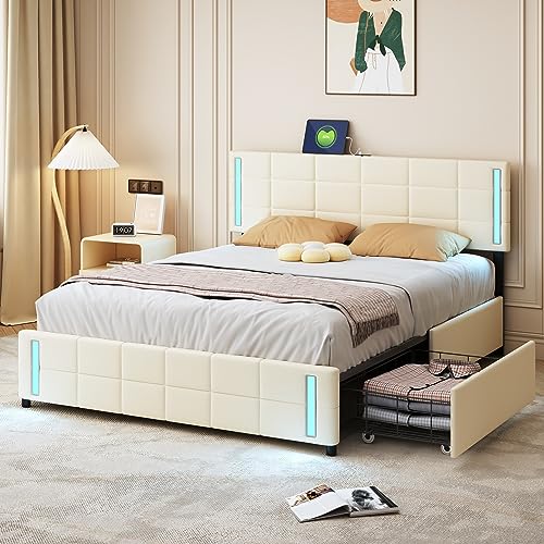 Aunvla Polsterbett 140 * 200cm mit LED-Lichtsteckdose 4 Schubladen hautfreundliches Leinen gepolstert flaches Einzelbett Kinderbett Jugendbett Gästebett Beige von Aunvla