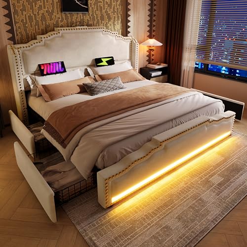 Aunvla Polsterbett 140×200, Doppelbett mit 4 Schubladen, LED-Beleuchtung und USB-C-Ladeanschluss, Stauraumbett und Jugendbett mit Lattenrost, Samt, Beige, Mit Matratze von Aunvla