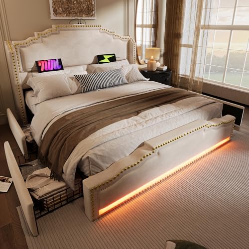 Aunvla Polsterbett 140×200, Doppelbett mit 4 Schubladen, LED-Beleuchtung und USB-C-Ladeanschluss, Stauraumbett und Jugendbett mit Lattenrost, Samt, Beige, ohne Matratze von Aunvla
