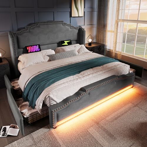 Aunvla Polsterbett 140×200, Doppelbett mit 4 Schubladen, LED-Beleuchtung und USB-C-Ladeanschluss, Stauraumbett und Jugendbett mit Lattenrost, Samt, Grau, Mit Matratze von Aunvla