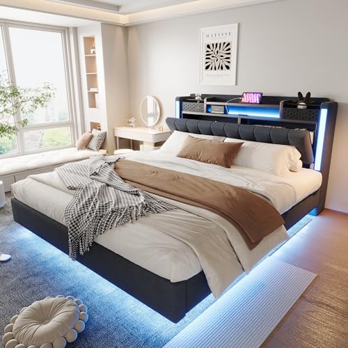 Aunvla Polsterbett 160 * 200 mit LED-Beleuchtung und USB-Steckdose, Kopfteil mit Stauraum, Schwebebett Jugendbett Erwachsenenbett, Leinenstoff, Grau von Aunvla