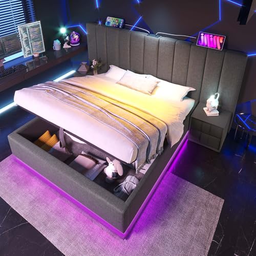 Aunvla Polsterbett 160×200, Doppelbett Stauraumbett mit App Control LED und USB-C Ladefunktion, Bettgestell mit Lattenrost, Leinen, Grau, Ohne Matratze und Nachttisch von Aunvla
