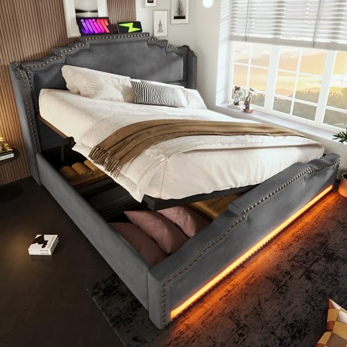 Aunvla Polsterbett 160x200, Doppelbett mit hydraulischem Stauraum, LED-Beleuchtung und USB-C-Ladeanschluss, Stauraumbett und Jugendbett mit Lattenrost, Samt, Grau, Mit Matratze von Aunvla