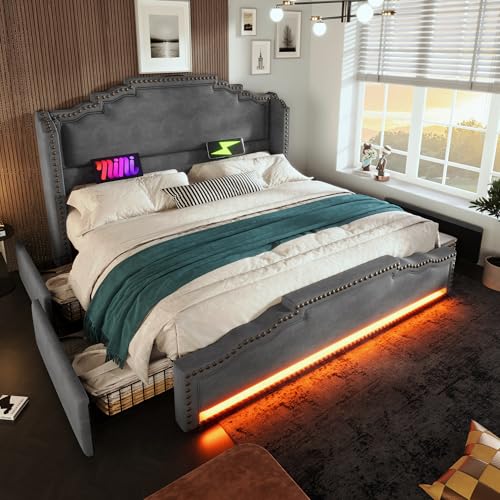 Aunvla Polsterbett 180×200, Doppelbett mit 4 Schubladen, LED-Beleuchtung und USB-C-Ladeanschluss, Stauraumbett und Jugendbett mit Lattenrost, Samt, Grau, ohne Matratze von Aunvla