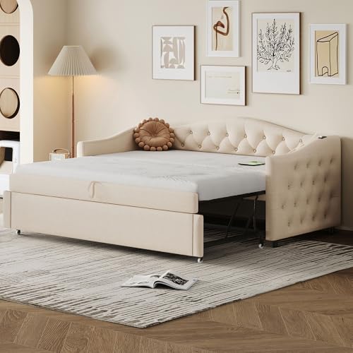 Aunvla Polsterbett Ausziehbares Schlafsofa, 90 * 200 cm, Mit USB-Anschluss, Klassische Form mit Knöpfen mit Lattenrost, Multifunktionsbett - Gästebett, Leinenstoff, Beige (Matratze Nicht enthalten) von Aunvla