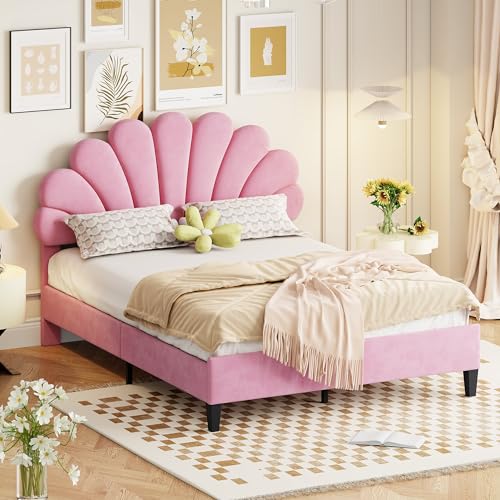Aunvla Polsterbett Doppelbett 140 x 200 cm, Bettrahmen mit blumenförmigem Kopfteil und Lattenrost, Erwachsenen-Jugendbett in hautfreundlichem Samtstoff, Gästebett Rosa von Aunvla