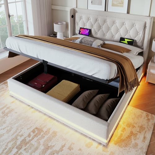 Aunvla Polsterbett Doppelbett 160 * 200 cm,Beige Baumwolle-Material Hydraulisches Stauraumbett, gepolstertes Kopfteil mit USB Typ-C Ladefunktion, 3-seitige LED-Funktion(Mit Matratze) von Aunvla