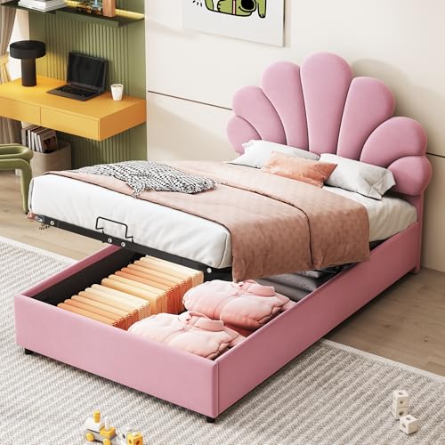 Aunvla Polsterbett Kinderbett 90 x 200 cm, mit geblümtem Kopfteil und Lattenrost, mit höhenverstellbarem Kopfteil und hydraulischem Stauraum, hautfreundlicher Samtstoff, Rosa Aunvla Polsterbett Kinderbett 90 x 200 cm, mit geblümtem Kopfteil und Lattenrost, mit höhenverstellbarem Kopfteil und hydraulischem Stauraum, hautfreundlicher Samtstoff, Rosa von Aunvla