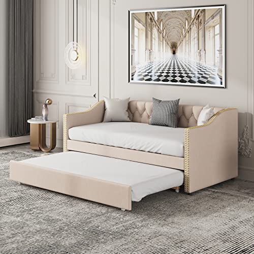 Aunvla Polsterbett Kinderbett 90x200, Ausziehbares Schlafsofa Beige Strapazierfähiger Leinenstoff Jugendbett Kinderbett Gästebett von Aunvla