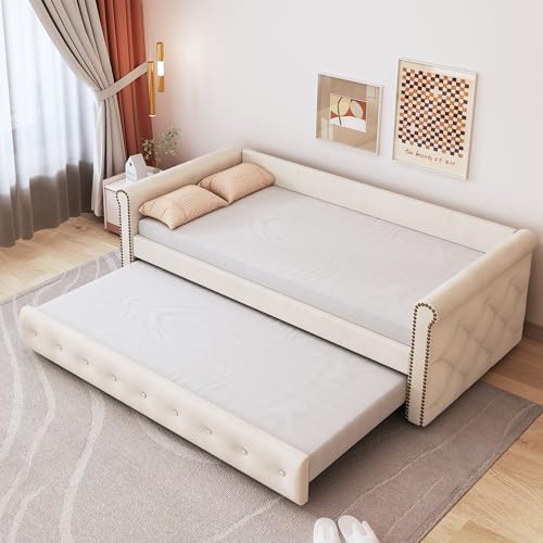 Aunvla Polsterbett Kinderbett 90x200 ausziehbares Schlafsofa Beige hautfreundlicher Samtstoff Jugendbett Kinderbett Gästebett von Aunvla