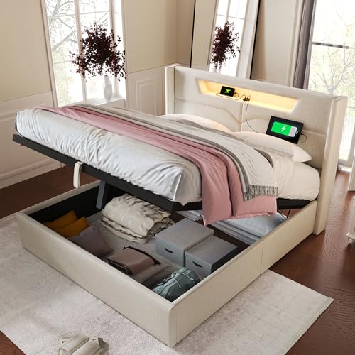 Aunvla Polsterbett LED Doppelbett mit USB Typ C Ladefunktion und LED-Beleuchtung,Stauraumbetten Bettgestell aus Leinenmaterial Jugendbett 140x200 mit lattenrost(Mit Matratze) von Aunvla
