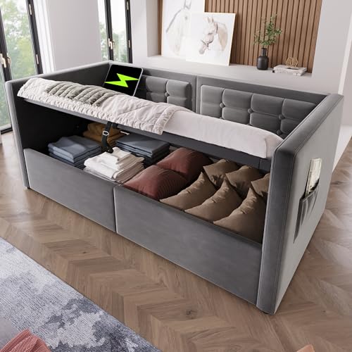 Aunvla Polstertes Sofabett 90x200 cm, Einzelbett Schlafsofa mit Hydraulischem Stauraum und USB & Type-C Ladestation, Gästebett mit Holzlattenrost, Grau, Samt, Ohne Matratze. von Aunvla