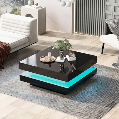 Aunvla Quadratischer Couchtisch in Schwarz - moderner technologischer Stil mit 16-Farbiger LED-Beleuchtung, 70x70x36 cm, max. Belastung 45kg von Aunvla