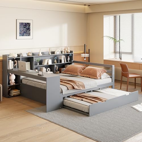 Aunvla Schlafsofa Aus Massivholz, 140 * 200 cm, Mit Schreibtisch Bücherregalen Ablagefächern und Regalen, Mit Steckdosen, Ausziehbarem Bett Unter Dem Bett, Multifunktionales Doppelholzbett, Grau von Aunvla