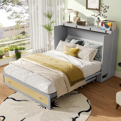 Aunvla Schrankbett, 140 x 200, Mobiles Schrankbett mit Schubladen am Bettende und Regal am Kopfende des Bettes, mit USB und Steckdose, Umbaubares Plattformbett, Ohne Matratze, Grau von Aunvla