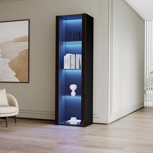 Aunvla Schwarzer Hochglanz-Vitrinenschrank mit LED-Beleuchtung, 3 Glasfächer, 55 * 38 * 166cm, Vitrine, Stehschrank, Hochschrank, Lagerschrank von Aunvla