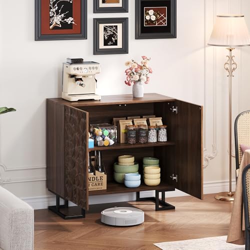 Aunvla Sideboard Kommode 80×40×78 cm – Blattpoesie Serie–Dunkle Walnussoptik mit Blattrelief–Push-to-Open Türen, Metallfüße–Modernes Design für Wohnzimmer & Flur von Aunvla