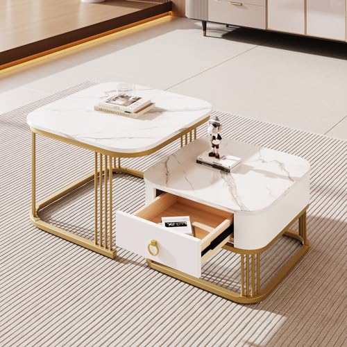 Aunvla Stapelbarer Couchtisch: Hochglänzende Marmoroptik, goldene Akzente, Beistelltisch mit Schubladen. zweiteiliges Set Aunvla Stapelbarer Couchtisch: Hochglänzende Marmoroptik, goldene Akzente, Beistelltisch mit Schubladen. zweiteiliges Set von Aunvla