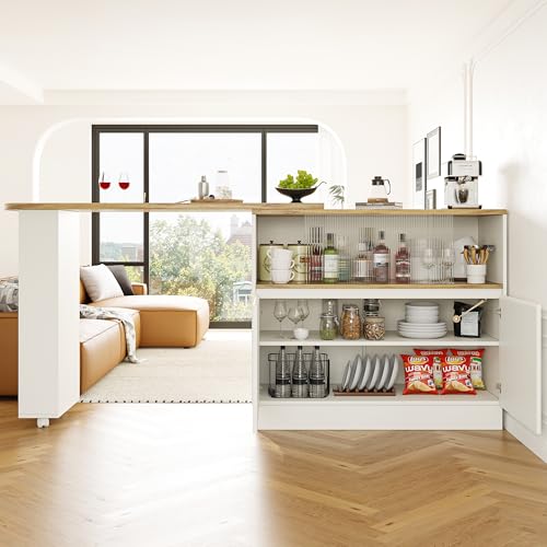 Aunvla Um 360° drehbarer Stehtisch (Hauptkörper 90 x 45 x 100 cm), weißes multifunktionales drehbares Sideboard mit Ablagefach, Glasschiebetür, geeignet für Küche/Esszimmer von Aunvla