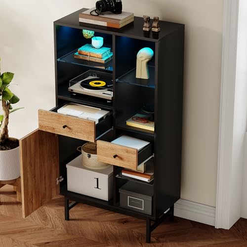 Aunvla Vitrine, Vitrine mit 12-farbigem LED-Lichtband, Küchenschrank mit Schubladen und Glasböden, dreieckige Holzmaserung Aunvla Vitrine, Vitrine mit 12-farbigem LED-Lichtband, Küchenschrank mit Schubladen und Glasböden, dreieckige Holzmaserung von Aunvla