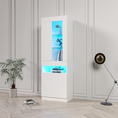 Aunvla Vitrine mit 16 Farben LED Beleuchtung Vitrinenschrank Standvitrine Stauraumvitrine Schrank Wohnzimmerschran Weiß LED Vitrine Wohnzimmer Wohnwände LED Vitrinenschränke Schränke Buffet-Schran von Aunvla