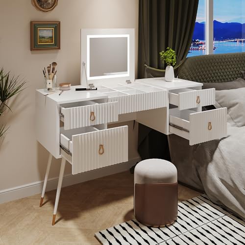 Aunvla Weißer Schminktisch(Ohne Stühle), Enthält LED-Spiegel mit Einstellbarer Helligkeit, luxuriösem vergoldetem Zubehör und Mehreren Stauräumen, mit 4 Schubladen, Schreibtisch univer, Weiß von Aunvla