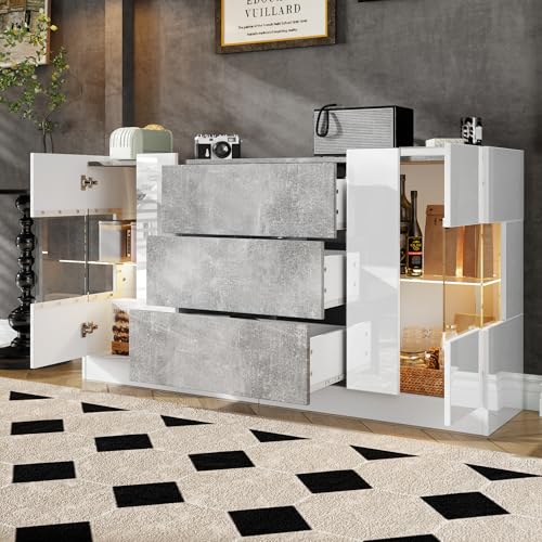 Elegantes Sideboard mit 2 Türen und 3 Schubladen – Hochglänzende weiße Fronten und Grauer Marmorlook, LED-Beleuchtung mit 16 Farben, 140 x 35 x 75 cm Elegantes Sideboard mit 2 Türen und 3 Schubladen – Hochglänzende weiße Fronten und Grauer Marmorlook, LED-Beleuchtung mit 16 Farben, 140 x 35 x 75 cm von Aunvla