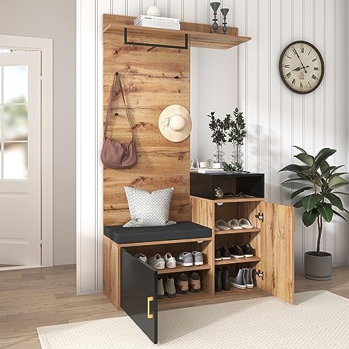 Garderoben-Set,mit 4 Kleiderhaken, Spiegel, Schuhschrank, Wandgarderobe, oberes Ablagefach, Flurgarderobe Sitzbank. (Not a one-Piece Product, Requires Drilling and Punching Holes in The Wall) von Aunvla