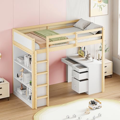 Hochbett 90 X 200 cm mit Aufbewahrungsschränken und Computertisch, multifunktionales Hochbett für Kinder aus Holz in Holzfarbe von Aunvla