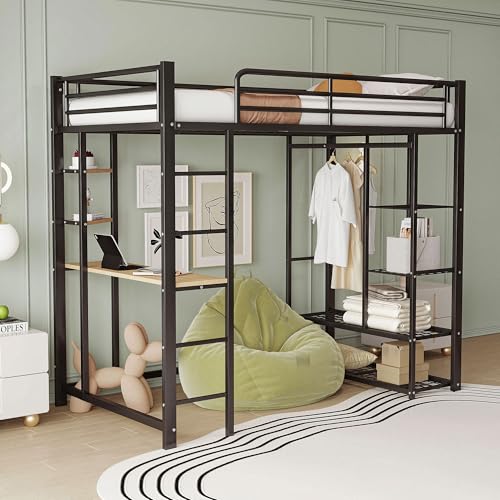 Hochbett mit Leiter 90 * 200cm, Einzelbett Kinderbett mit Tisch mit einfacher Aufhängung mit Ablagefächern, Schwarz von Aunvla