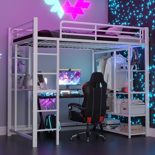 Hochbett mit Leiter 90 * 200cm, Einzelbett Kinderbett mit Tisch mit einfacher Aufhängung mit Ablagefächern, Weiß von Aunvla