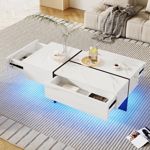 Hochglänzender Couchtisch, Struktur aus weißem Marmorimitat und farblich passender Tisch in Schwarz, Wohnzimmermöbel, 100 * 50 * 34,5cm, mit App-gesteuertem LED-Beleuchtungssystem von Aunvla