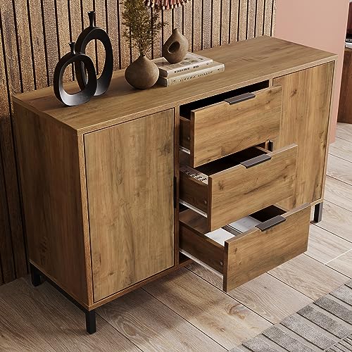 Kommode mit 2 Türen und 3 Schubladen, 120 x 40 x 76 cm in Dunkle Eiche, Verstellbare Ablage, Sideboard Highboard für Schlafzimmer & alle Wohnräume von Aunvla