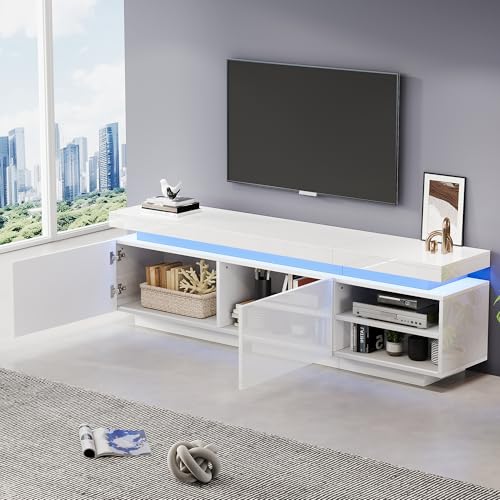 Moderner Lowboard Hochglanz-TV-Schrank mit LED-Beleuchtung, TV-Board, TV-Kommode, geeignet für 70-Zoll-TVs,Tisch, universeller Gaming-Medienständer, Aufbewahrungsschrank und großer Stauraum, weiß von Aunvla