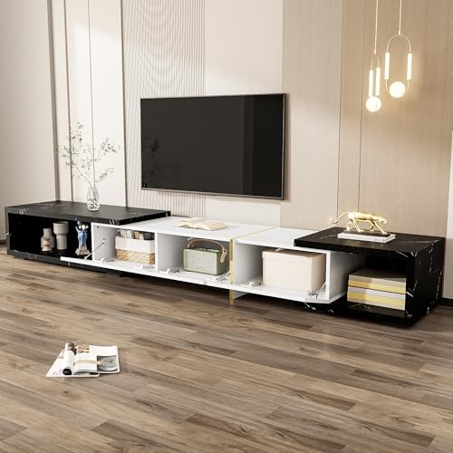 Moderner TV-Schrank mit variabler Länge (140-260 cm), drehbarer Funktion, schwarzer Marmoroptik, weißem Hochglanz-Matt-Finish und goldenen Verzierungen Beschreibung Dieser TV-Schrank kombiniert moder von Aunvla