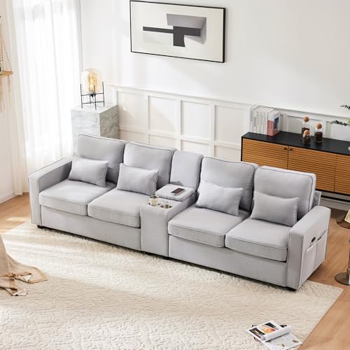 Modernes 4-Sitzer-Sofa aus Leinenstoff mit Konsole, 2 Getränkehaltern, 2 USB-Anschlüssen zum Aufladen mit Kabel, mit Armlehnentaschen und 4 Kissen, einfaches Sofa für Wohnzimmer, Wohnung, Büro von Aunvla