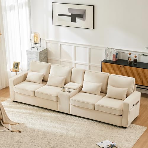 Modernes 4-Sitzer-Sofa aus Leinenstoff mit Konsole, 2 Getränkehaltern, 2 USB-Anschlüssen zum Aufladen mit Kabel, mit Armlehnentaschen und 4 Kissen, einfaches Sofa für Wohnzimmer, Wohnung, Büro von Aunvla
