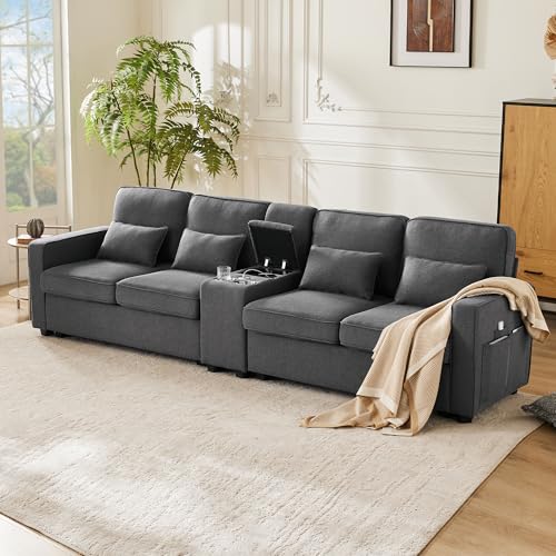 Modernes 4-Sitzer-Sofa aus Leinenstoff mit Konsole, 2 Getränkehaltern, 2 USB-Anschlüssen zum Aufladen mit Kabel, mit Armlehnentaschen und 4 Kissen, einfaches Sofa für Wohnzimmer, Wohnung, Büro Modernes 4-Sitzer-Sofa aus Leinenstoff mit Konsole, 2 Getränkehaltern, 2 USB-Anschlüssen zum Aufladen mit Kabel, mit Armlehnentaschen und 4 Kissen, einfaches Sofa für Wohnzimmer, Wohnung, Büro von Aunvla