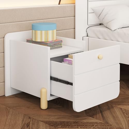 Nachttisch mit 1 Schublade, geräuschlose Auszüge mit Einlegeböden, feine holzfarbene Füße, Stauraum im Wohn- und Schlafzimmer, einzigartiges und minimalistisches Design, Weiß von Aunvla