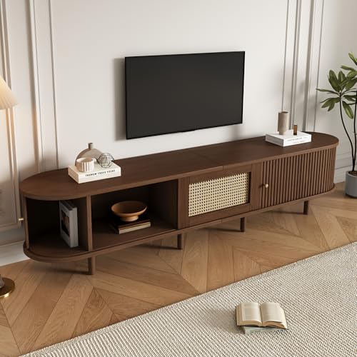 Ovaler TV-Ständer in Nussbaum dunkel, Rattan-Design - 180 cm MDF-Design, verstellbare Füße, 30 kg Belastbarkeit von Aunvla