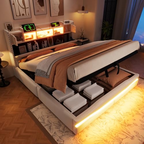 Polsterbett, 160x200cm,mit UsB c steckdose Ladefunktion,ferngesteuerte Ambiente-Lichtleiste unter dem Bett, Kopfteil mit Staufach, Hydraulisch Stauraumbett , ohne Matratze,Mit LED-Leuchten,Beige von Aunvla