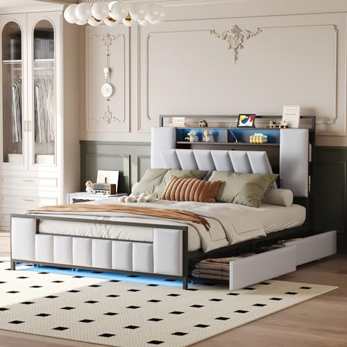 Polsterbett 160 * 200 cm, Multifunktionsbett mit LED-Licht, mit USB-Steckdose, mit Schubladen, Bettgestell aus massivem Eisen, Jugendbett, Erwachsenenbett, Doppelbett, Kunstleder, Weiß von Aunvla